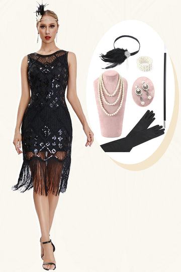 Glitrende svart frynset Gatsby-kjole fra 1920-tallet med tilbehørssett fra 20-tallet
